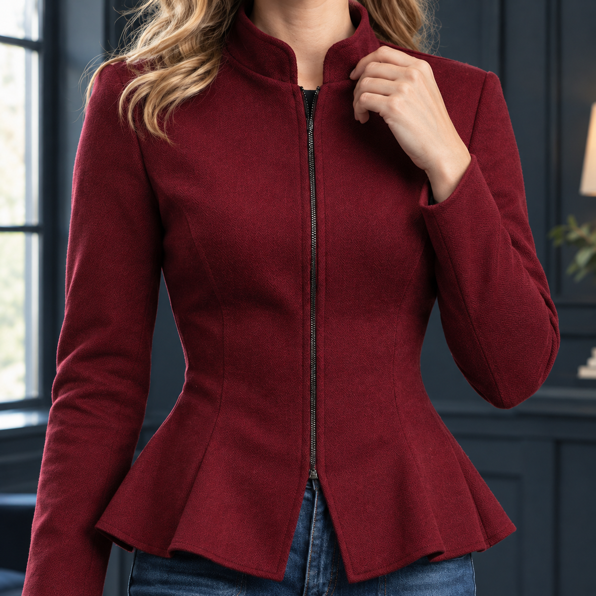 Peplum Jacket Polyester Close Fit with Stand Collar and Flared Hem
