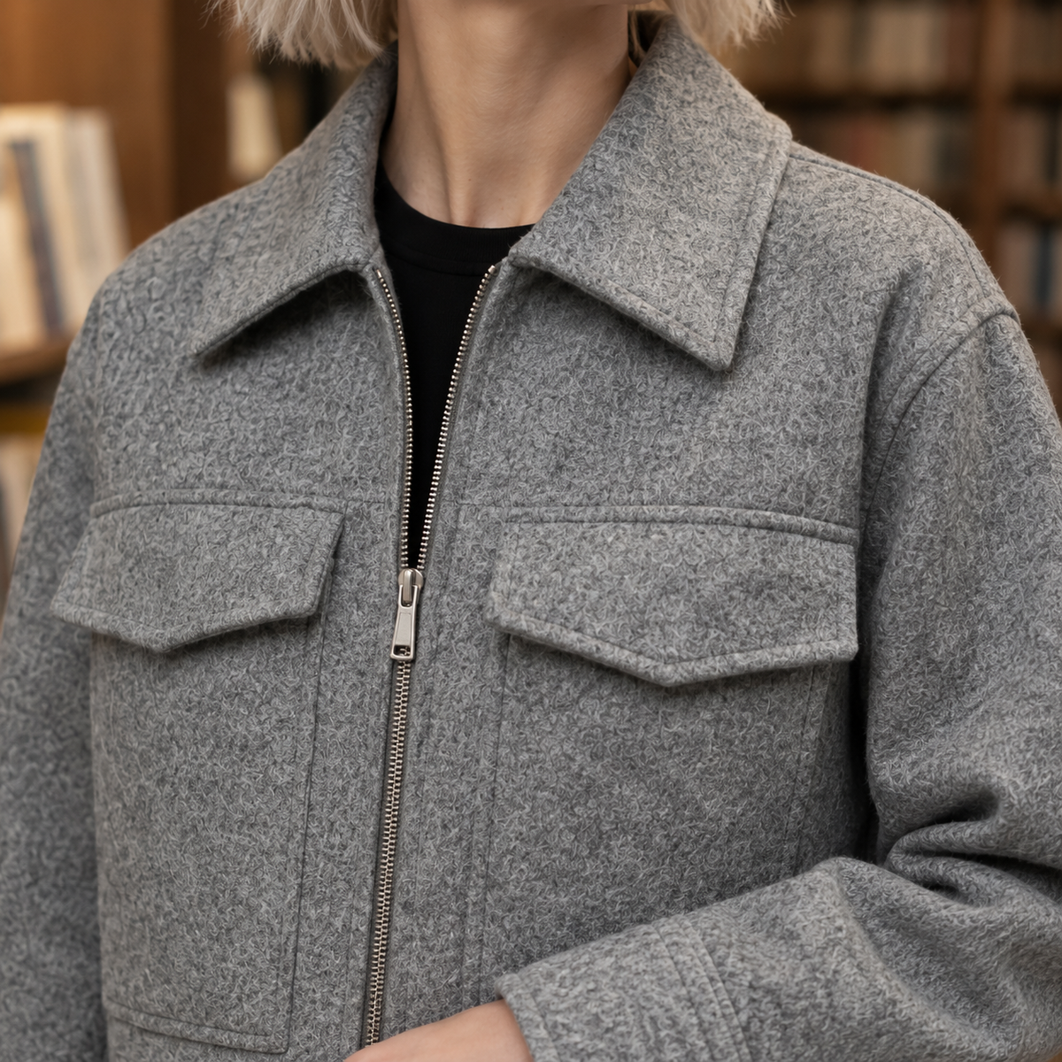 Boxy Jacket Polyester Cropped with Pointed Collar and Flap Pockets