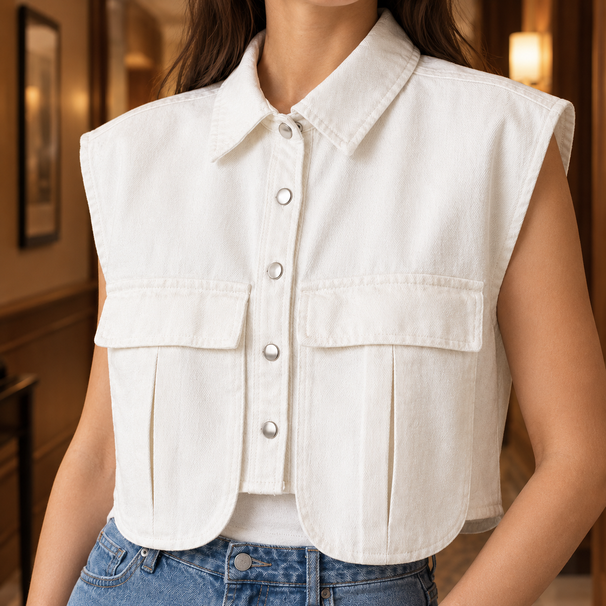 Cropped Denim Utility Top with Flap Pockets