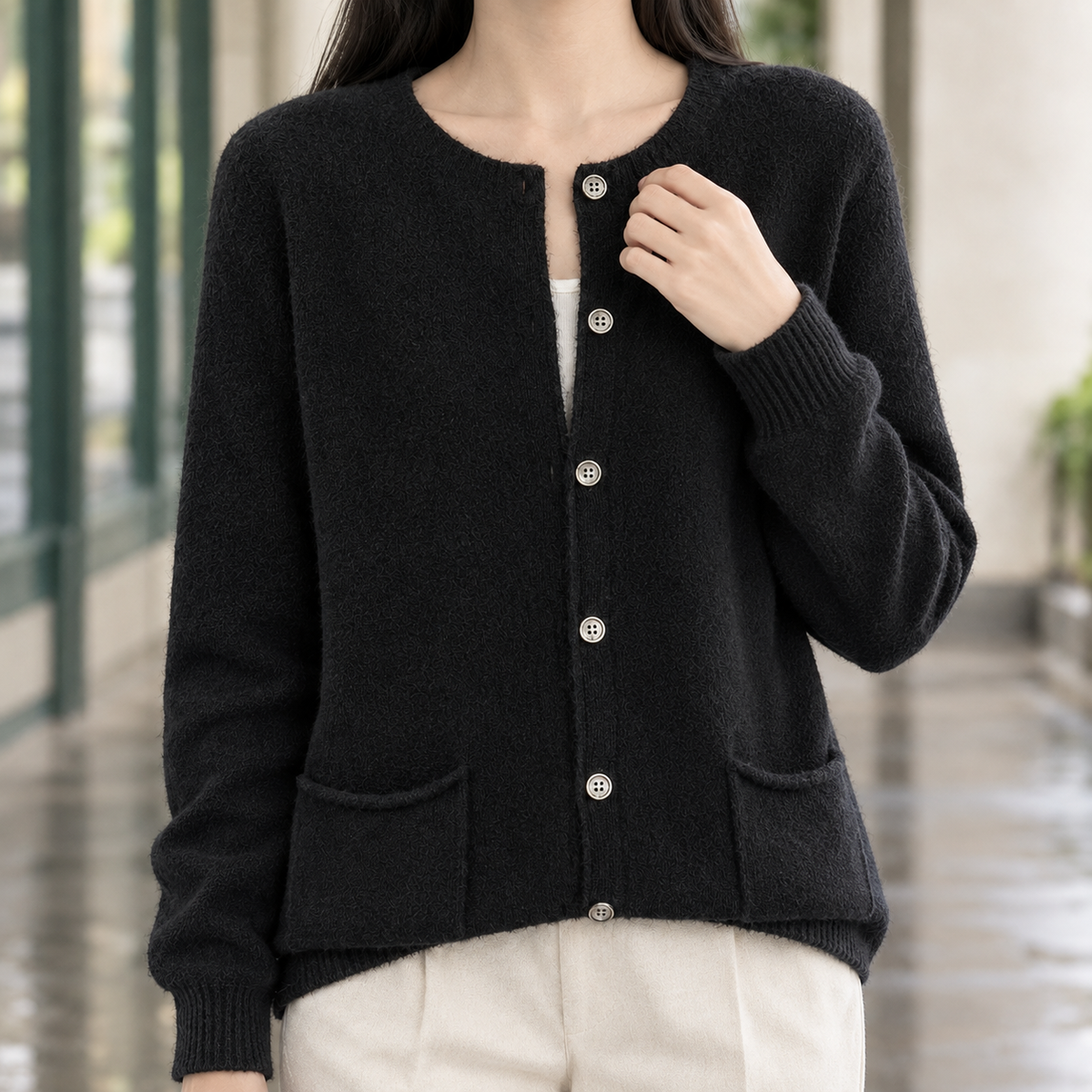 Cardigan with Curved Patch Pockets