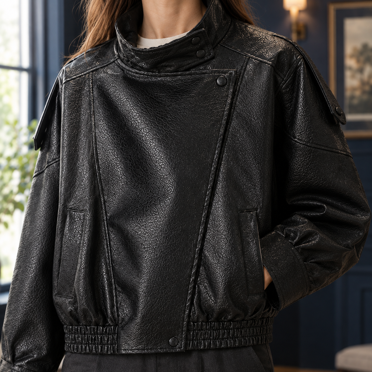 Moto Jacket Faux Leather Cropped with Pebbled Finish and Stand Collar