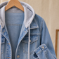 Hooded Denim Jacket Cropped with Contrast Drawstring and Four Pockets