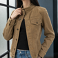 Utility Jacket Denim with Asymmetric Button Front and Stand Collar