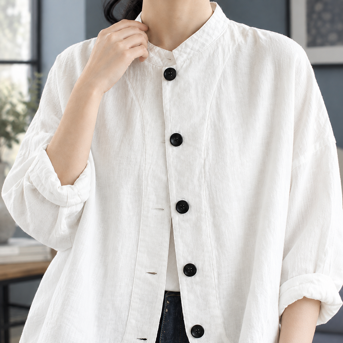 Stand Collar Jacket Cotton Relaxed with Button Front and High-Low Hem