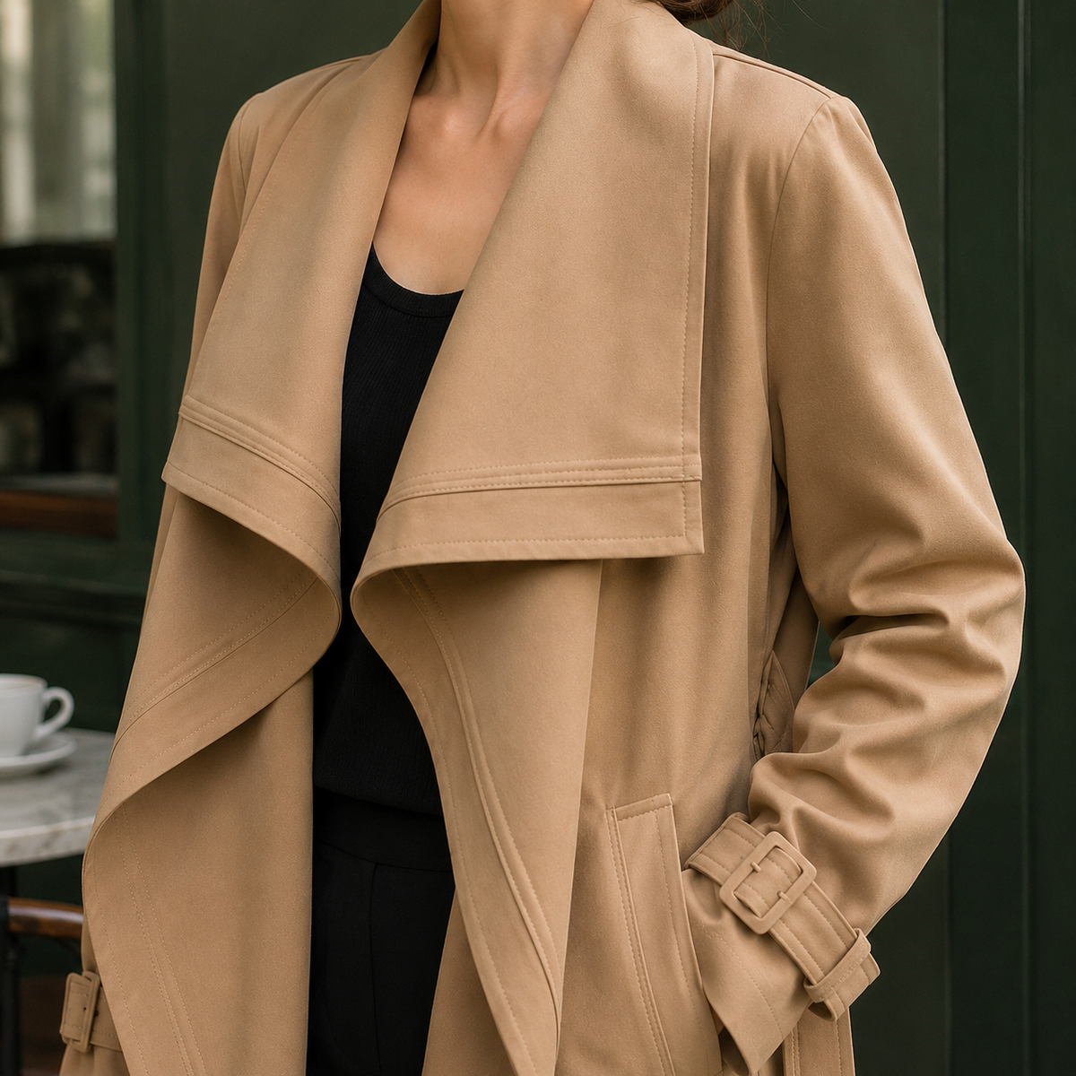 Trench Jacket Polyester Draped with Waterfall Lapels and Tie Belt