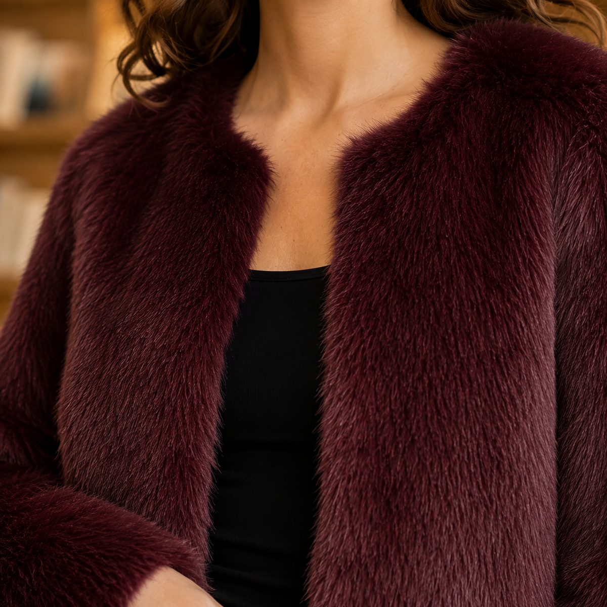 Jacket Polyester Plush Textured Cropped with Collarless Open Front