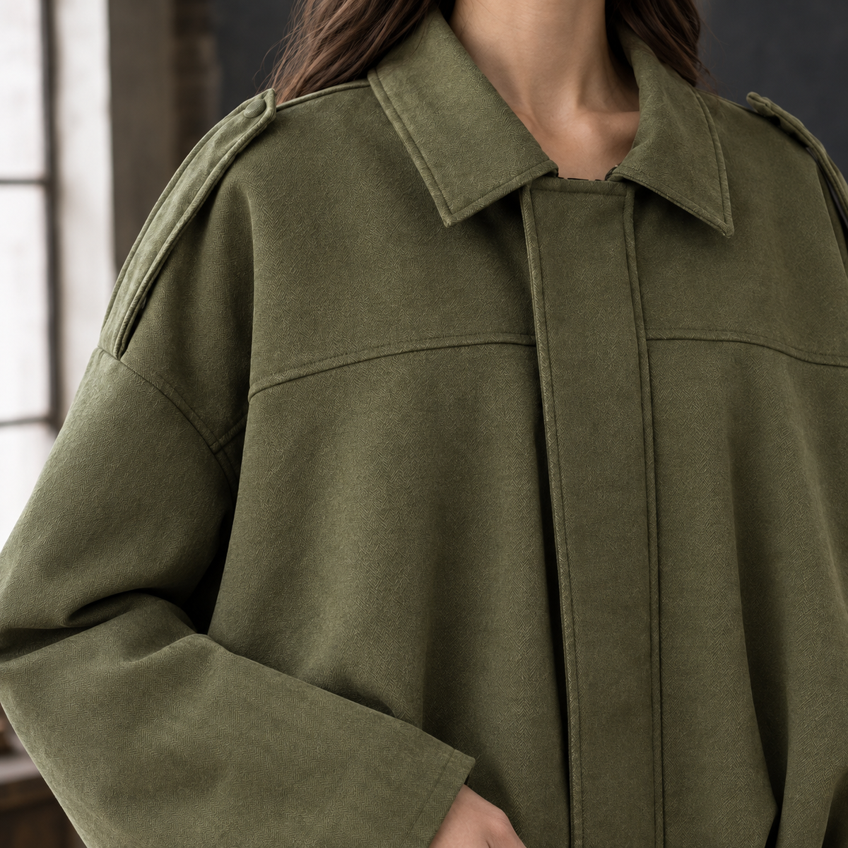 Bomber Jacket Polyester Oversized Batwing with Concealed Zip