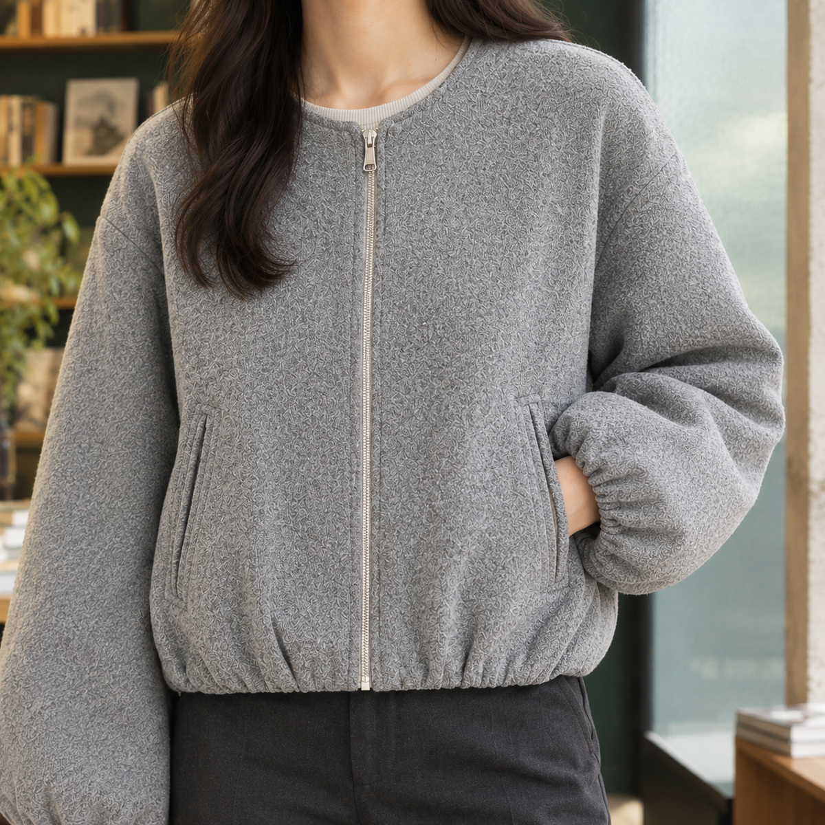 Balloon Sleeve Jacket Polyester Cropped with Round Neck and Full Zip
