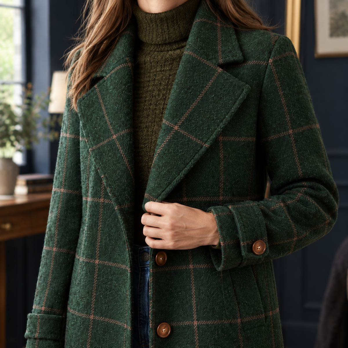 Jacket Polyester Windowpane Check Relaxed with Notch Lapels