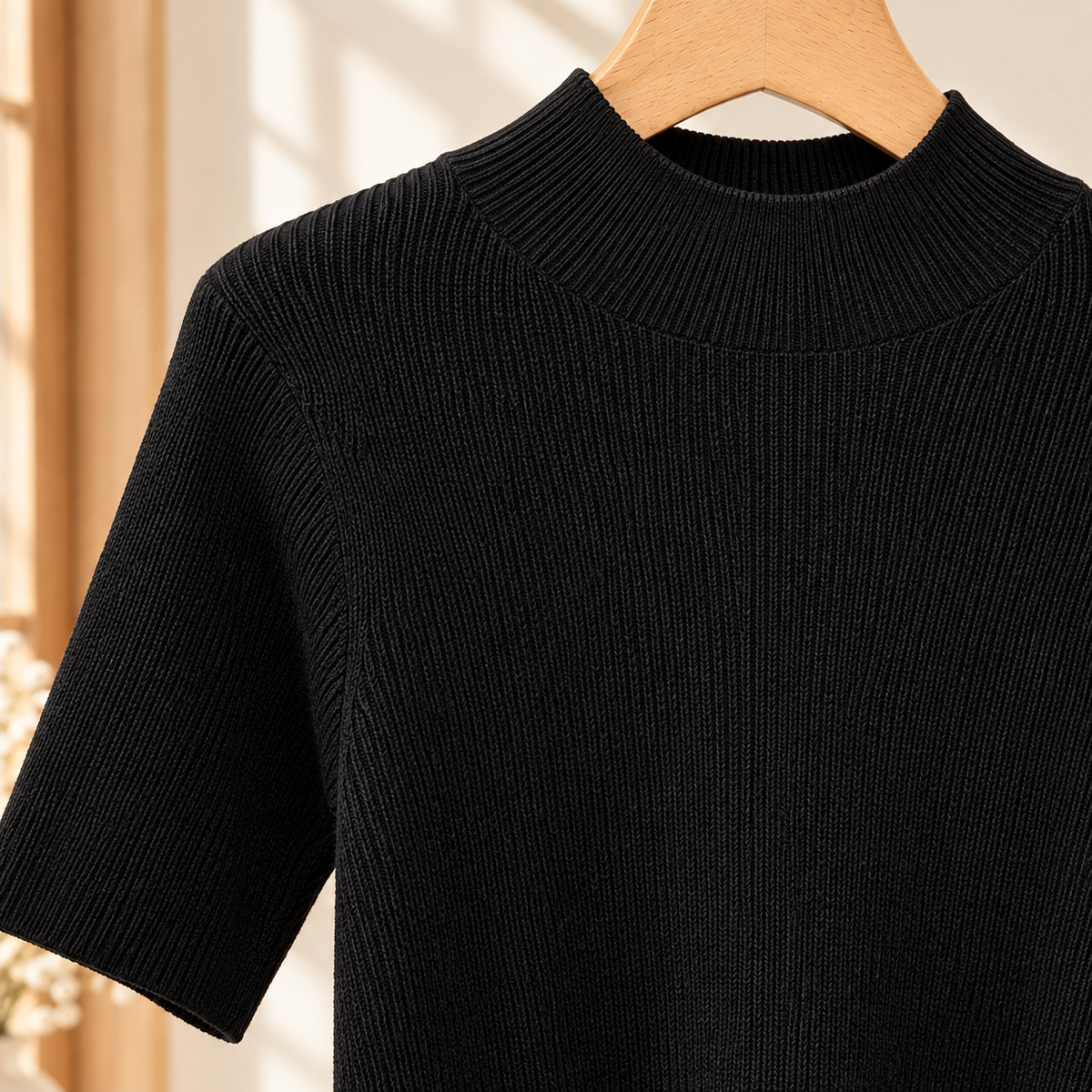 Finely Ribbed Lightweight Mock Neck Top