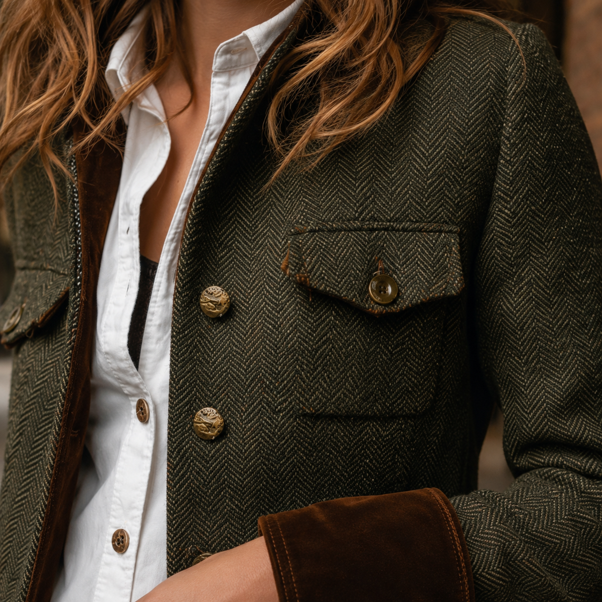 Jacket Wool Blend Herringbone Fitted with Contrast Turn-Back Cuffs