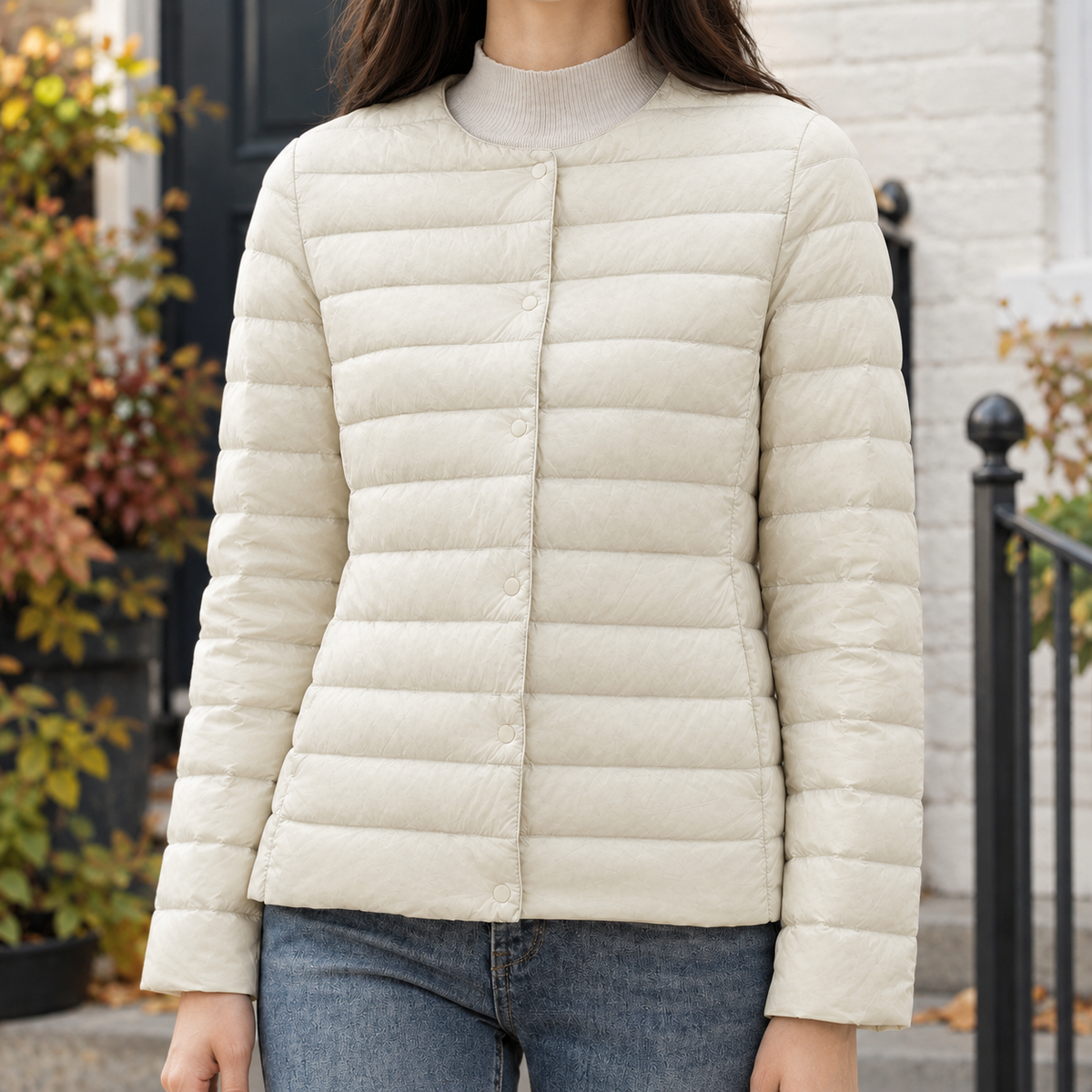 Quilted Jacket Polyester Lightweight with Round Neckline and Snaps