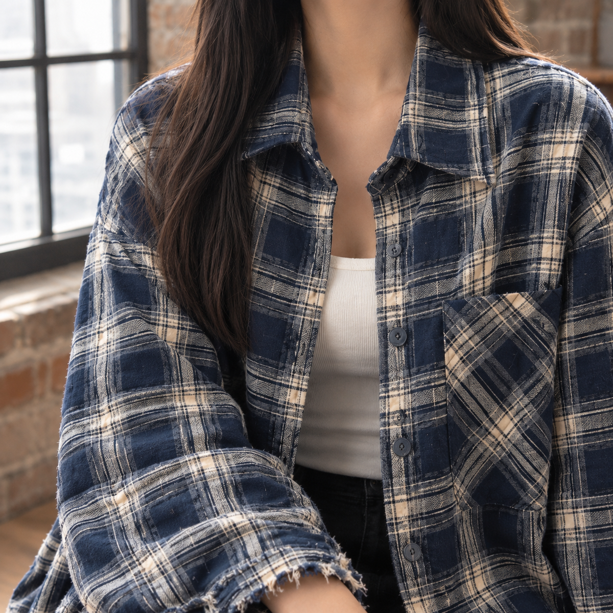 Overshirt Jacket Cotton Blend Plaid Oversized with Distressed Edges