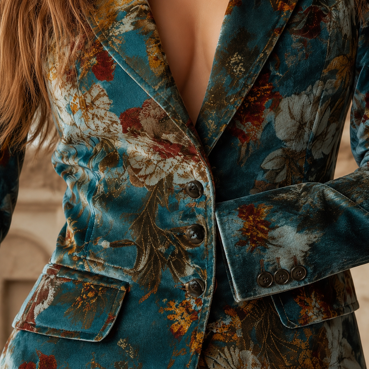 Blazer Polyester Floral Plush Textured with Deep Notched Lapels