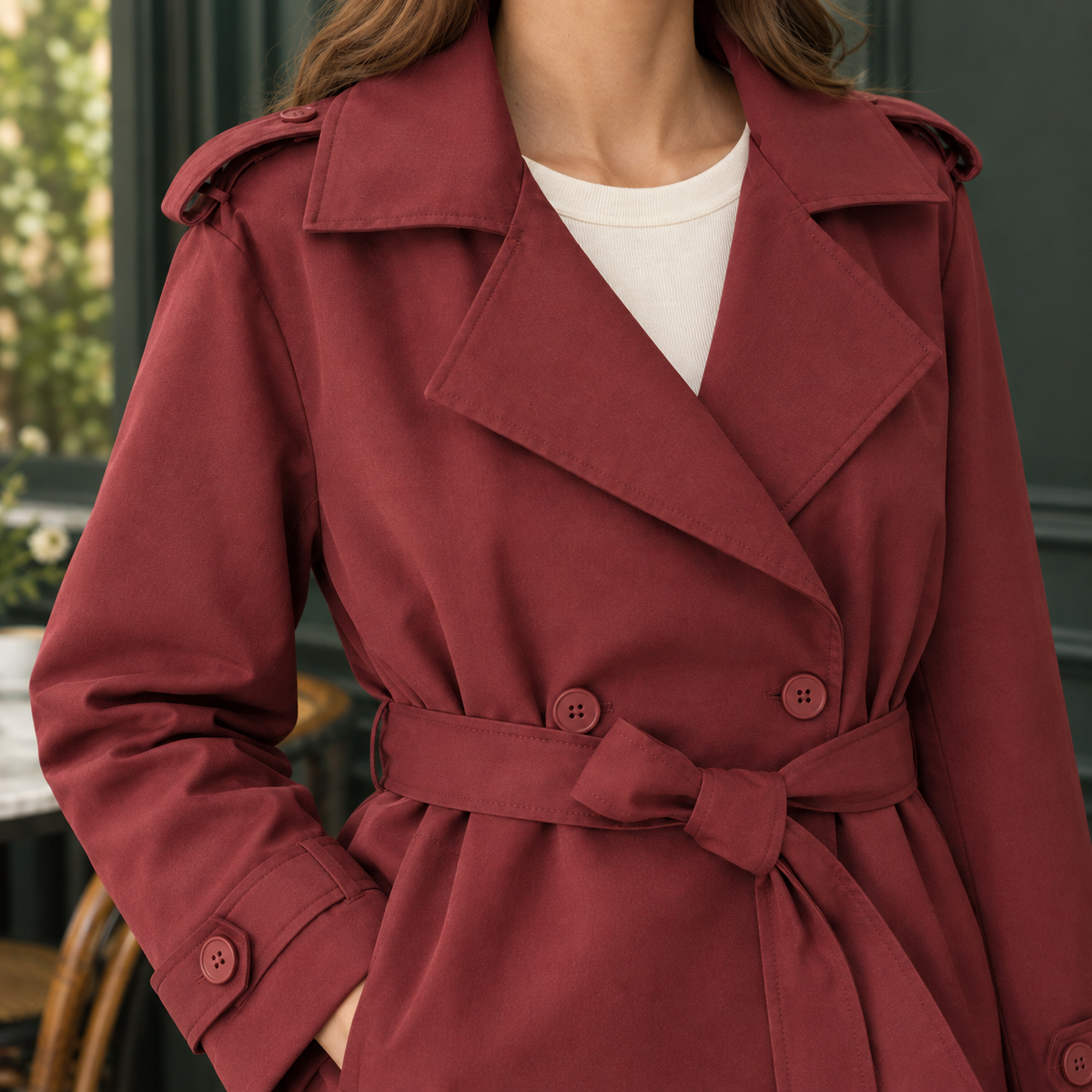 Trench Jacket Polyester Belted with Wide Lapels and Cuff Tabs