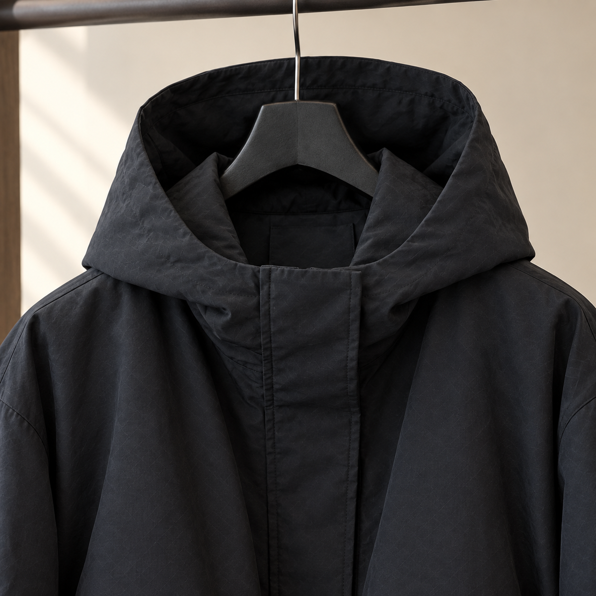 Hooded Jacket Polyester Loose with Balloon Hem and Concealed Zip