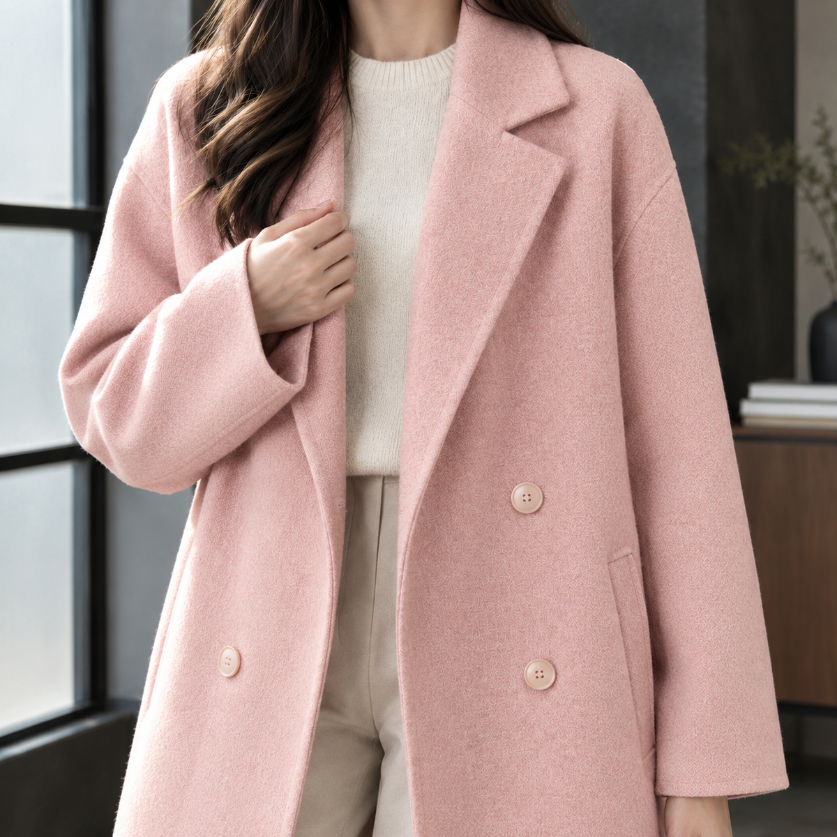 Coat Wool Blend Double-Breasted Long Loose with Notched Lapels