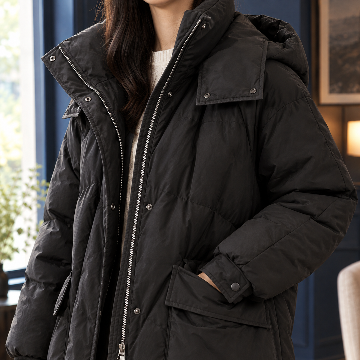 Quilted Jacket Polyester Longline with Hooded Collar and Flap Pockets
