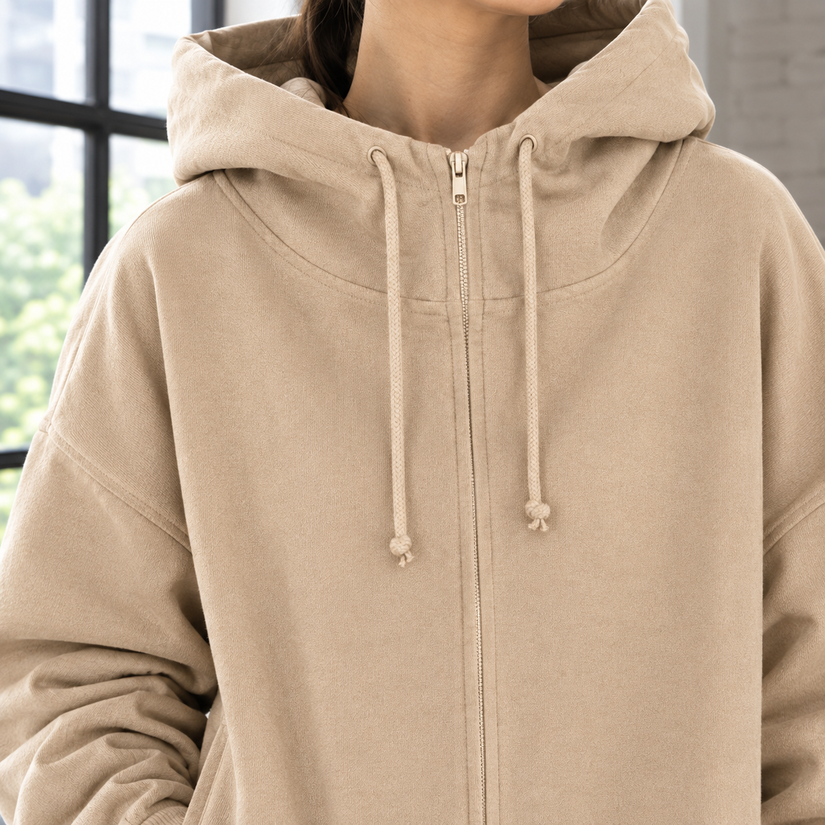 Oversized Fleece Zip Hoodie, Thigh Length