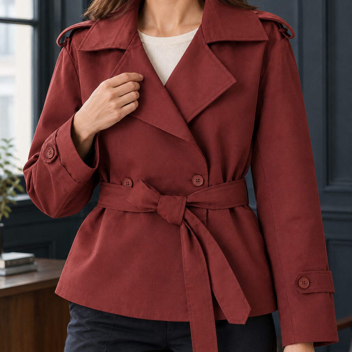 Belted Jacket Polyester Short with Wide Lapels and Self-Tie Waist