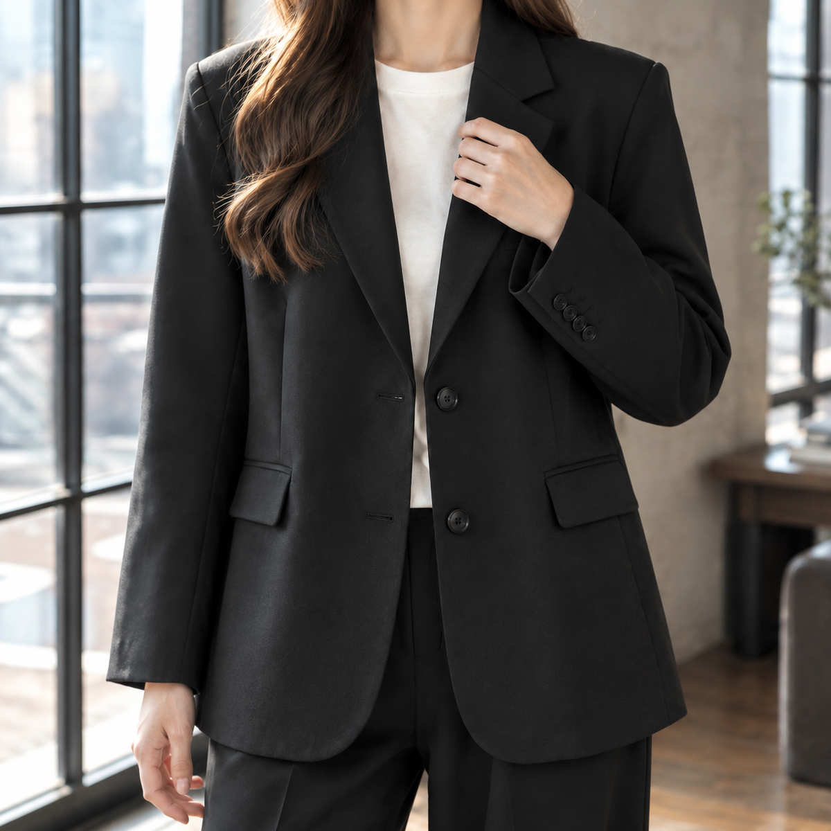 Blazer Polyester Relaxed Tailored with Notched Lapels, Single-Breasted