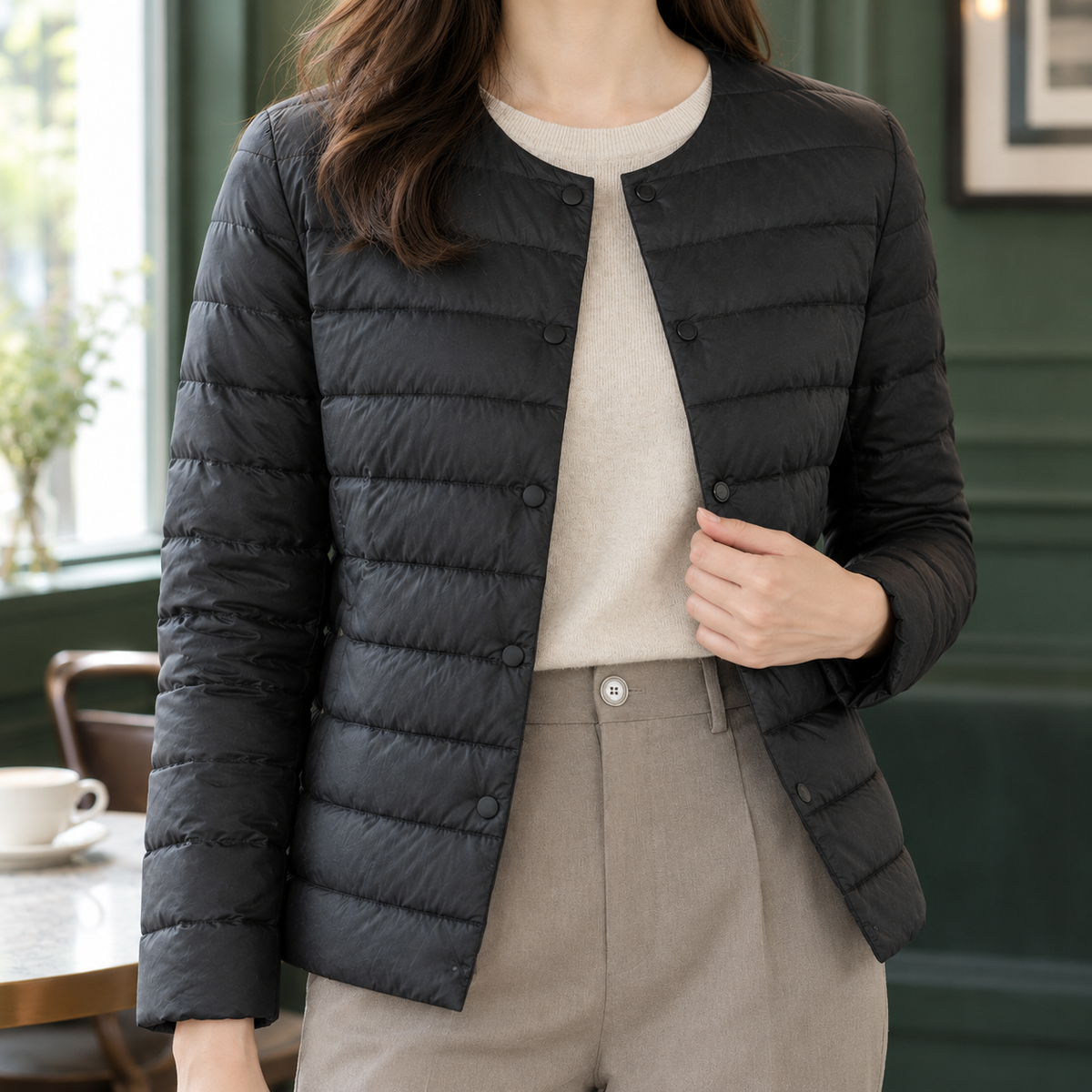 Quilted Jacket Lightweight Down Fill Slim with Collarless Neckline
