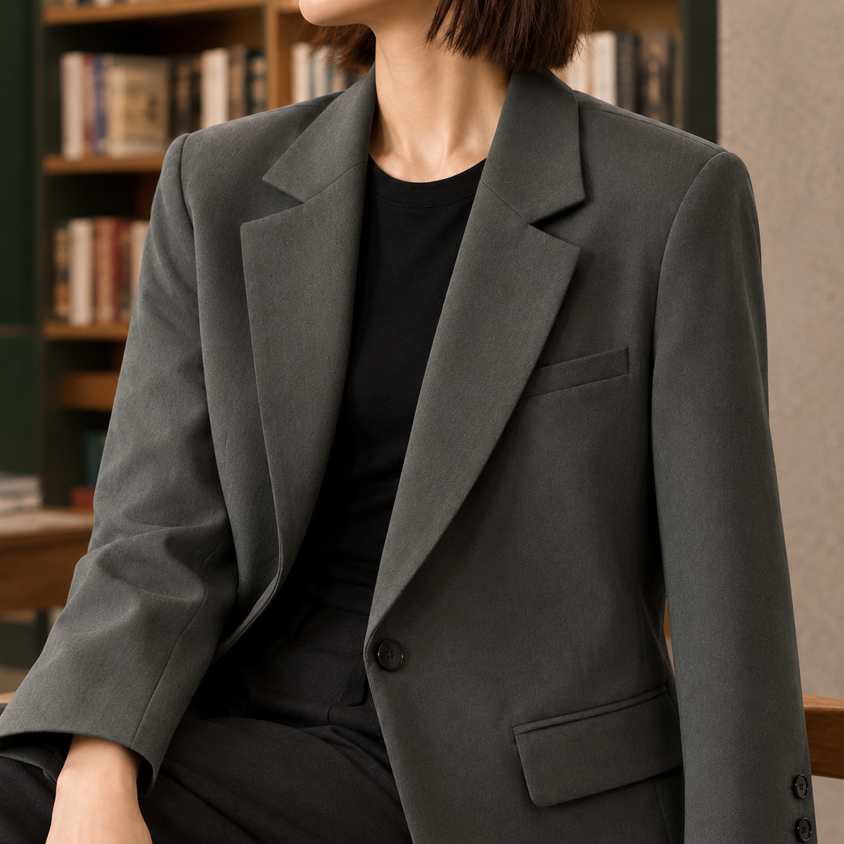 Blazer Polyester Relaxed Tailored with Wide Lapels and Buttoned Cuffs