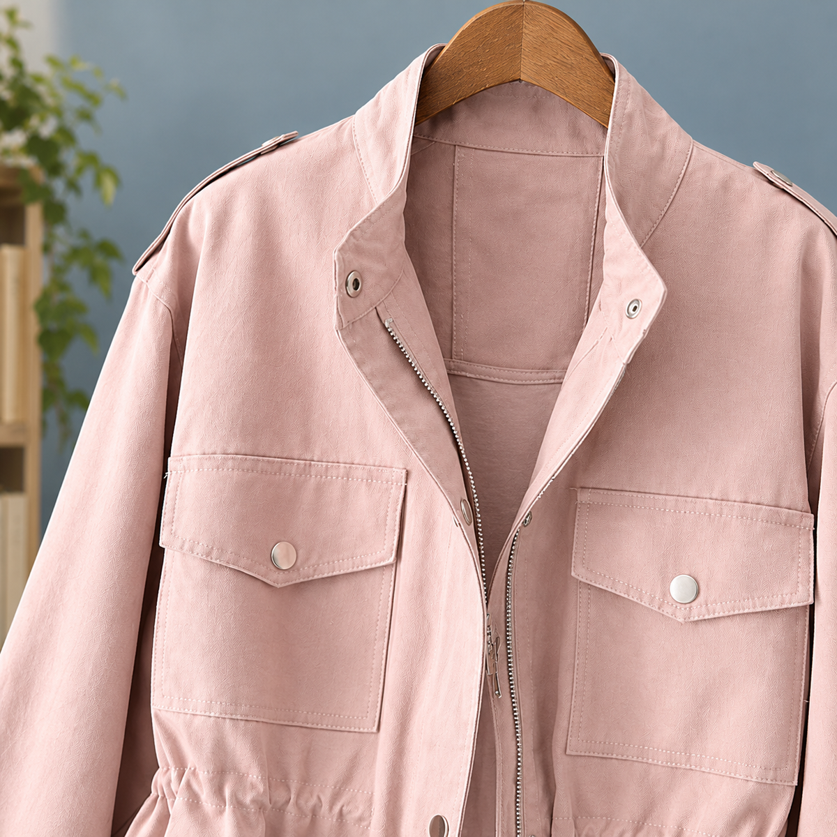 Utility Jacket Polyester with Zip and Snap Front and Four Pockets