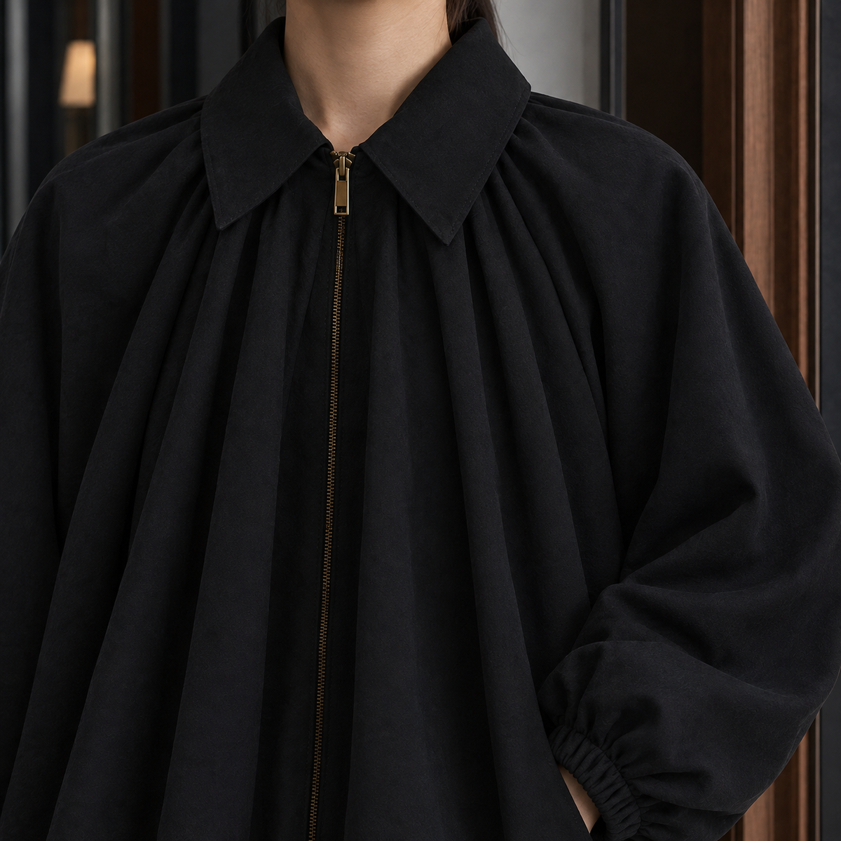 Batwing Jacket Polyester Relaxed with Point Collar and Zip Front