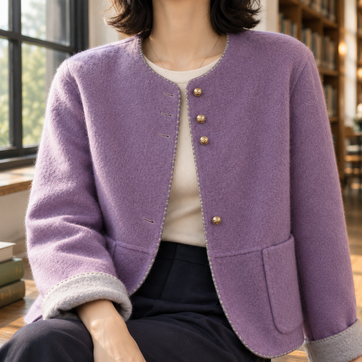 Jacket Wool Relaxed Hip-Length with Contrast Cuffs and Round Neckline
