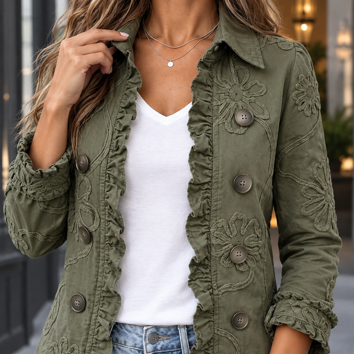 Ruffle Jacket Polyester A-Line with Cascading Ruffle Trim