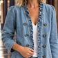 Denim Jacket Cotton Blend with Ruffled Edging and Antique-Tone Buttons
