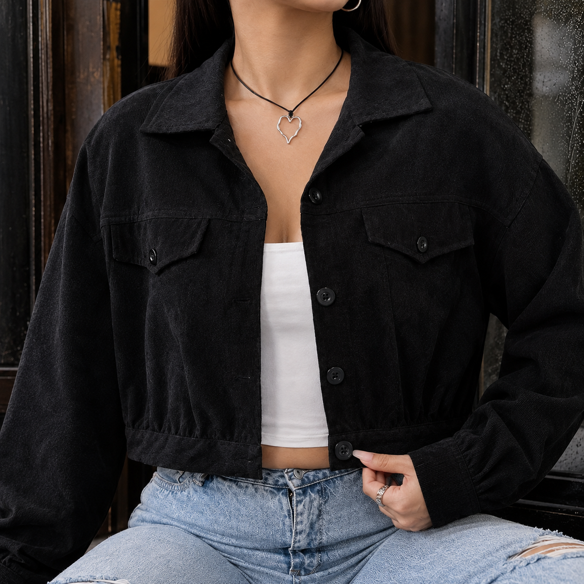 Jacket Polyester Cropped Blouson with Textured Finish and Flap Pockets