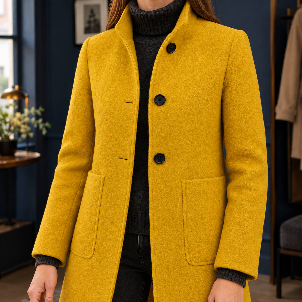 Coat Polyester Knee-Length with Narrow Stand Collar and Three Buttons