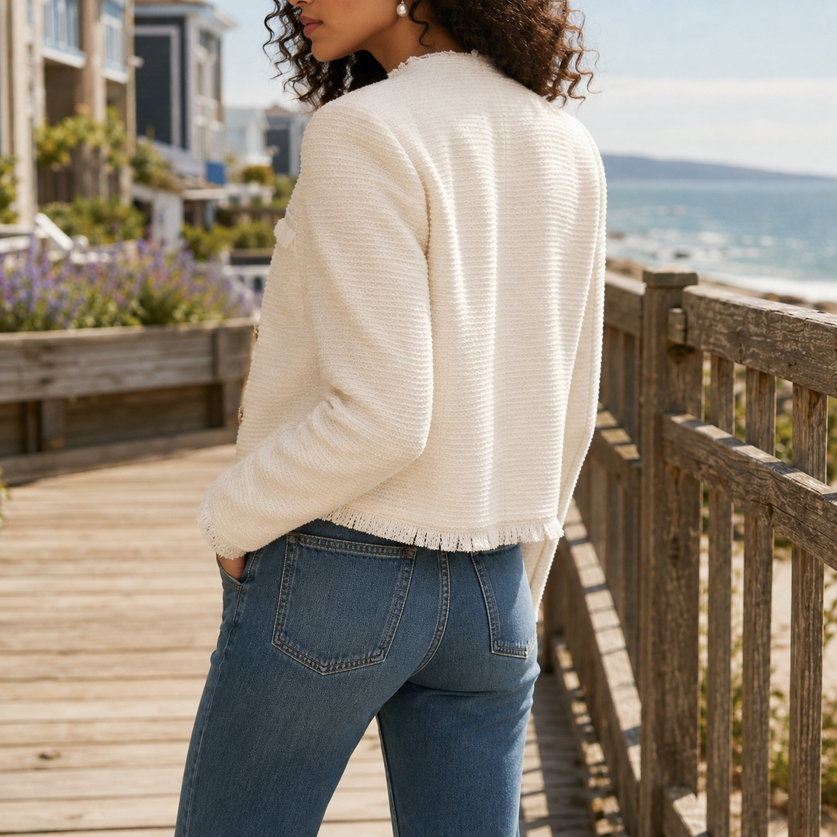 Jacket Polyester Textured Cropped Collarless with Fringed Edges