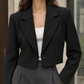 Blazer Polyester Cropped Loose Fit with Notched Lapels, Single Button