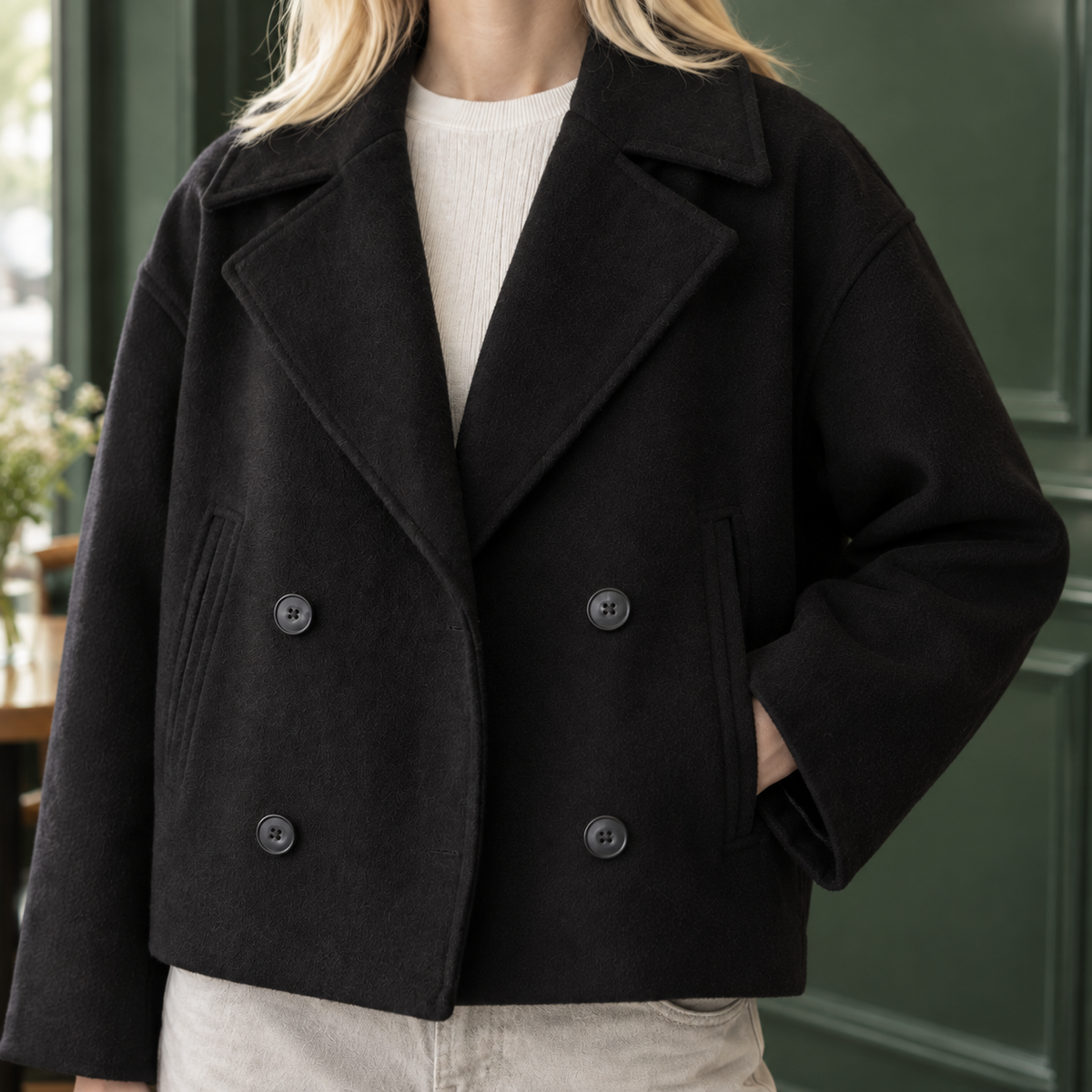 Jacket Wool Blend Double-Breasted Cropped Boxy with Welt Pockets