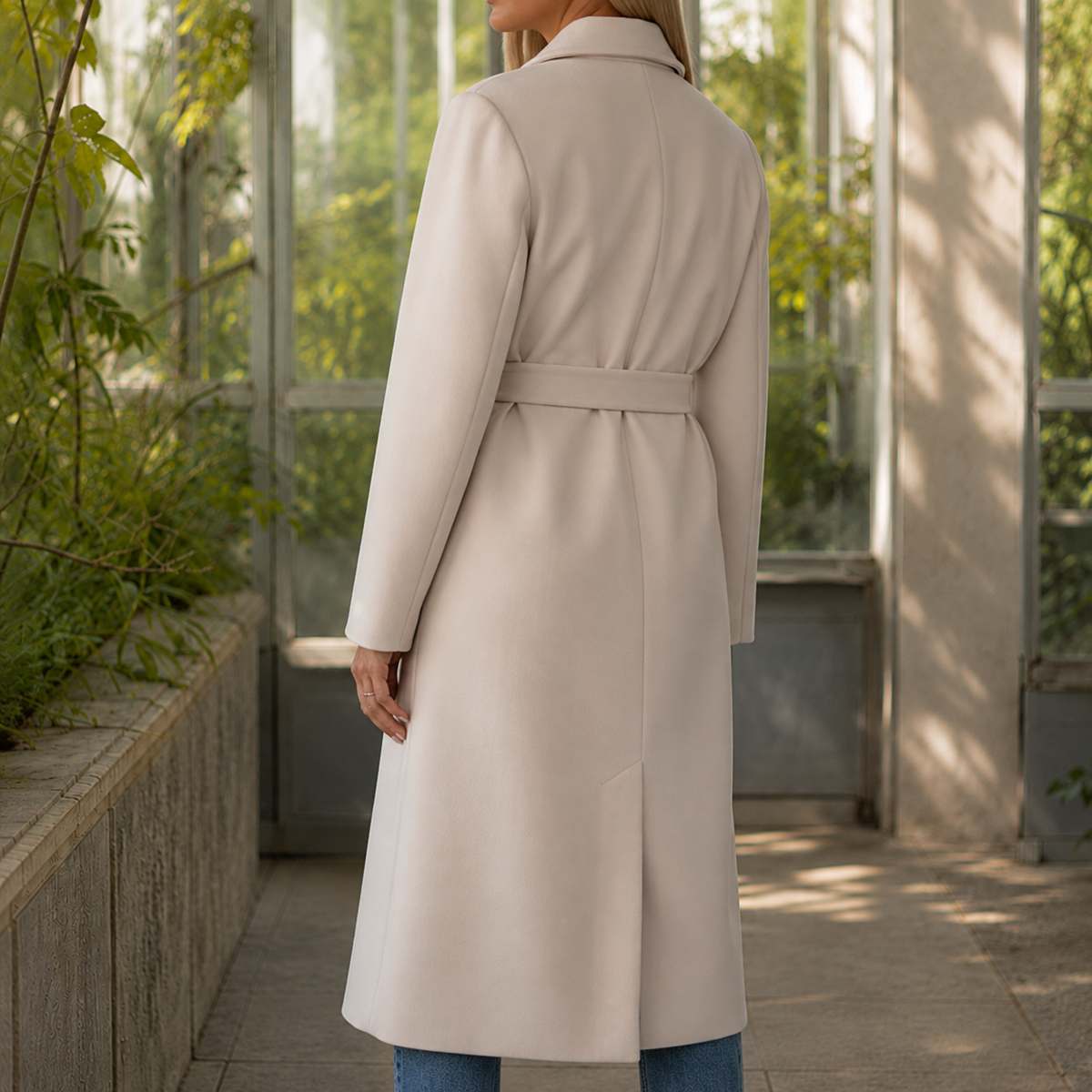 Overcoat Polyester Tailored Double-Breasted with Self-Tie Waist Belt