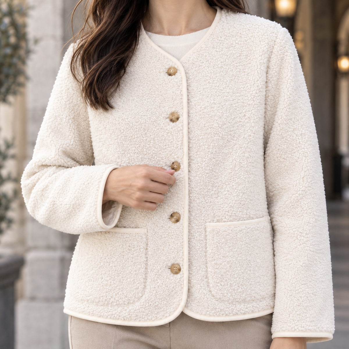 Fleece Jacket Textured with Asymmetric Button Front and Patch Pockets