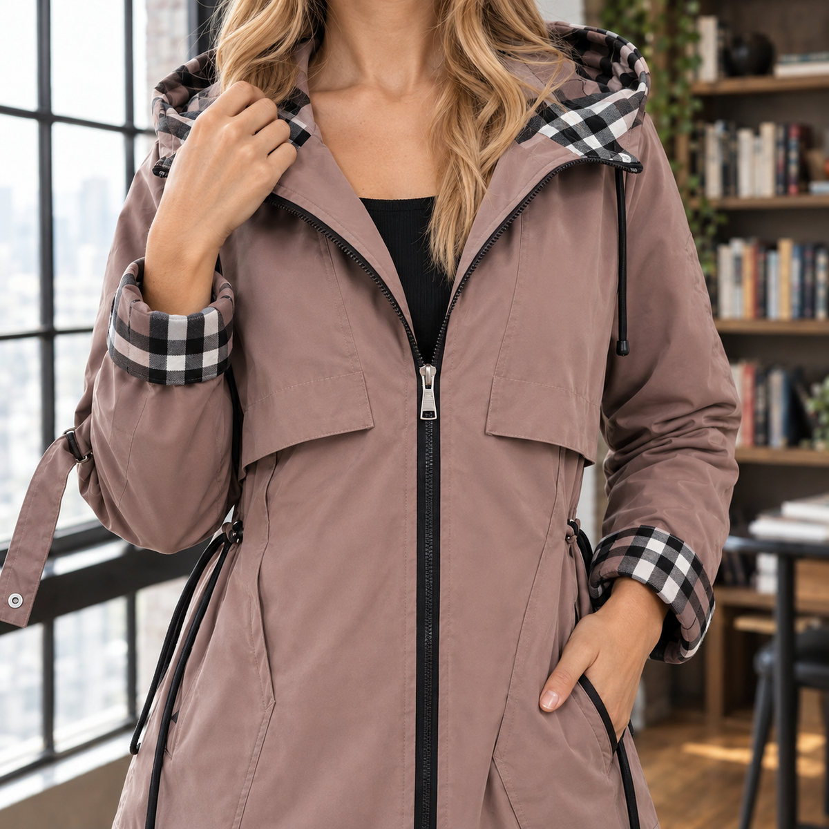 Hooded Jacket Polyester with Check Trim, Full Zip and Drawcord Waist