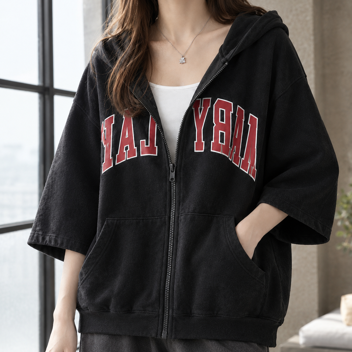Cotton-Blend Zip Hoodie with Elbow-Length Sleeves
