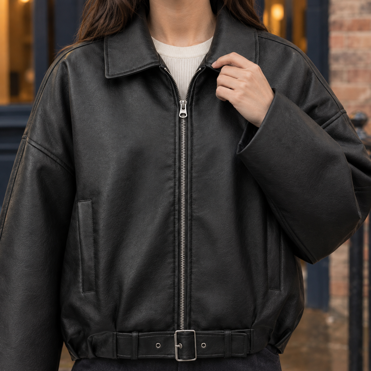 Jacket Faux Leather Belted with Zip Front and Buckled Hem