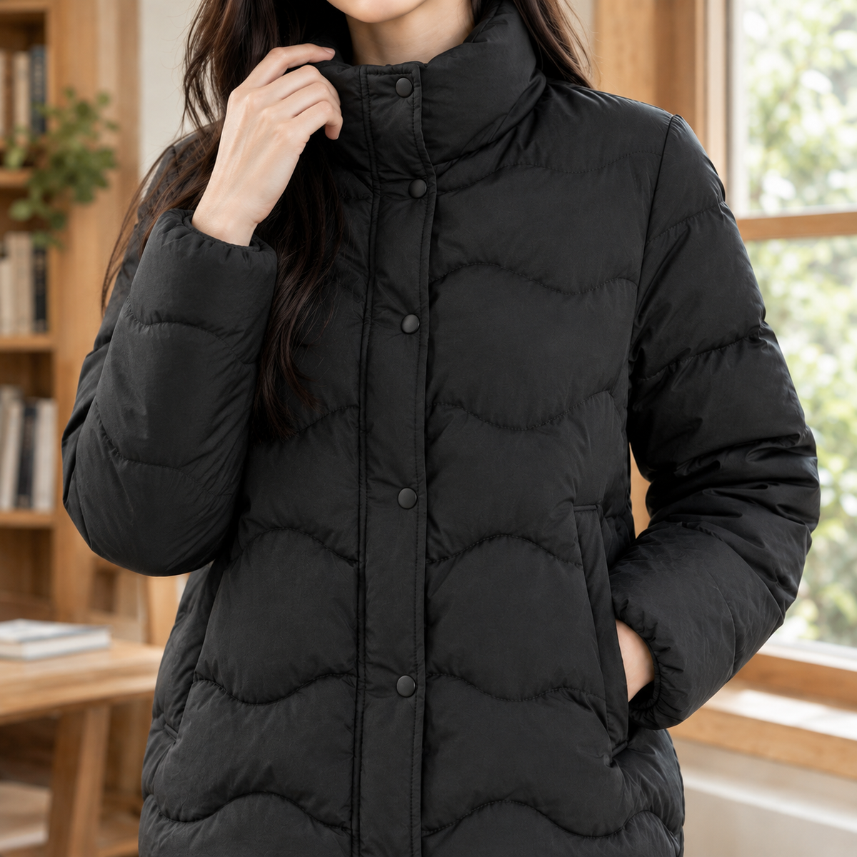 Quilted Jacket Duck Down Padded with Raised Collar and Snap Placket