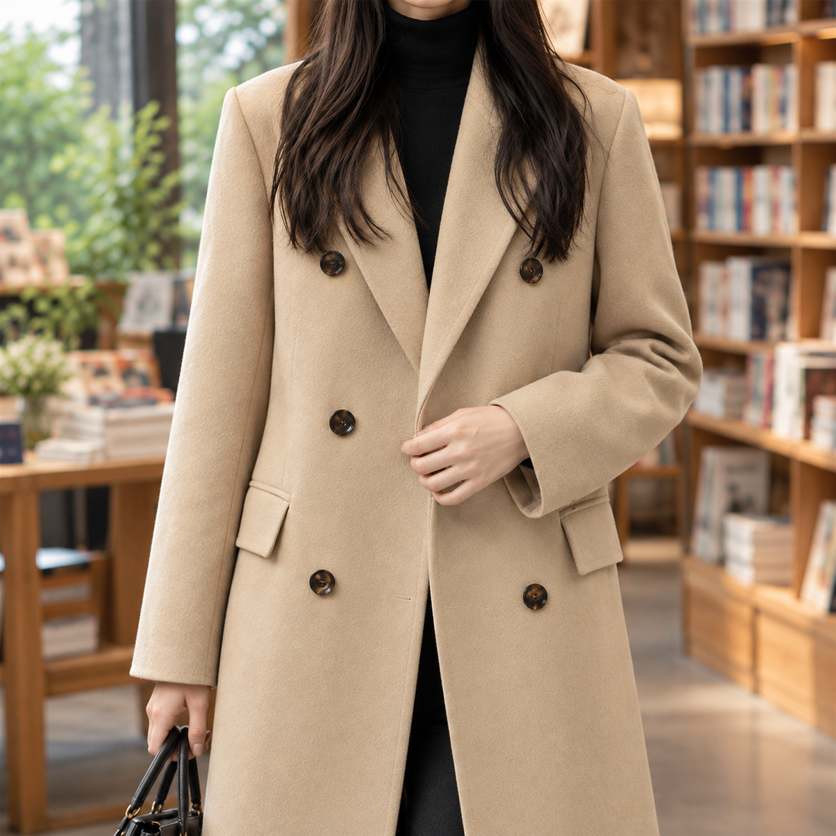 Overcoat Polyester Double-Breasted Longline Regular Fit with Flaps