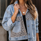 Denim Jacket Animal-Print Patchwork Relaxed with Metal Buttons