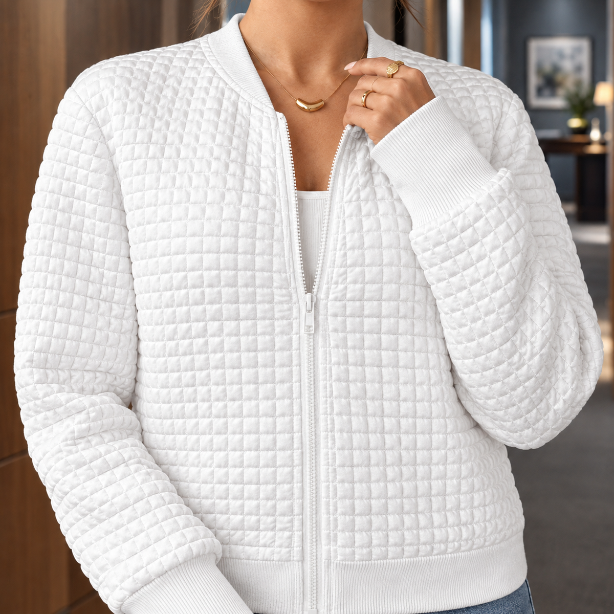 Bomber Jacket Cotton Blend Quilted with Full Zip and Ribbed Cuffs