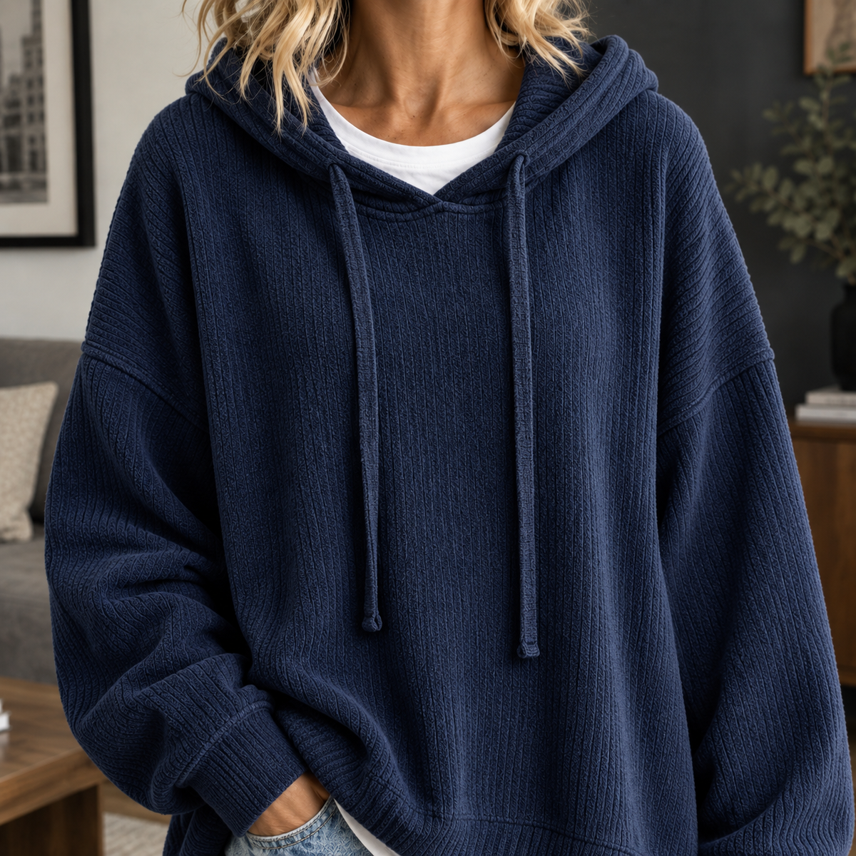 Ribbed Roomy Hoodie with Dropped Shoulders