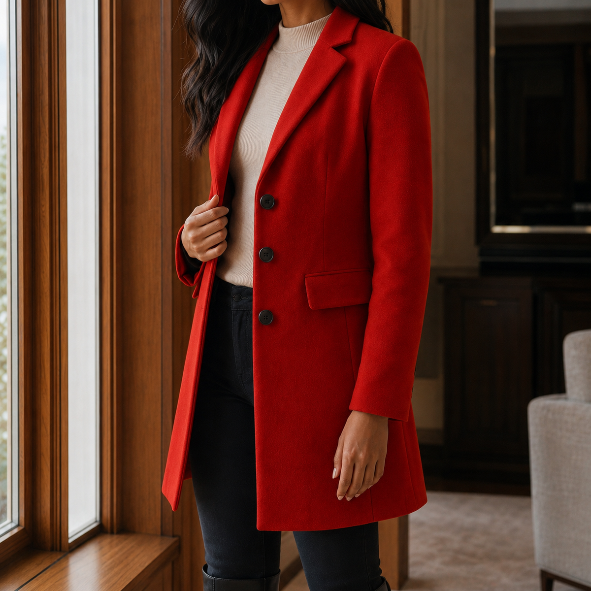 Coat Wool Blend Tailored Fitted Flared with Notched Lapels