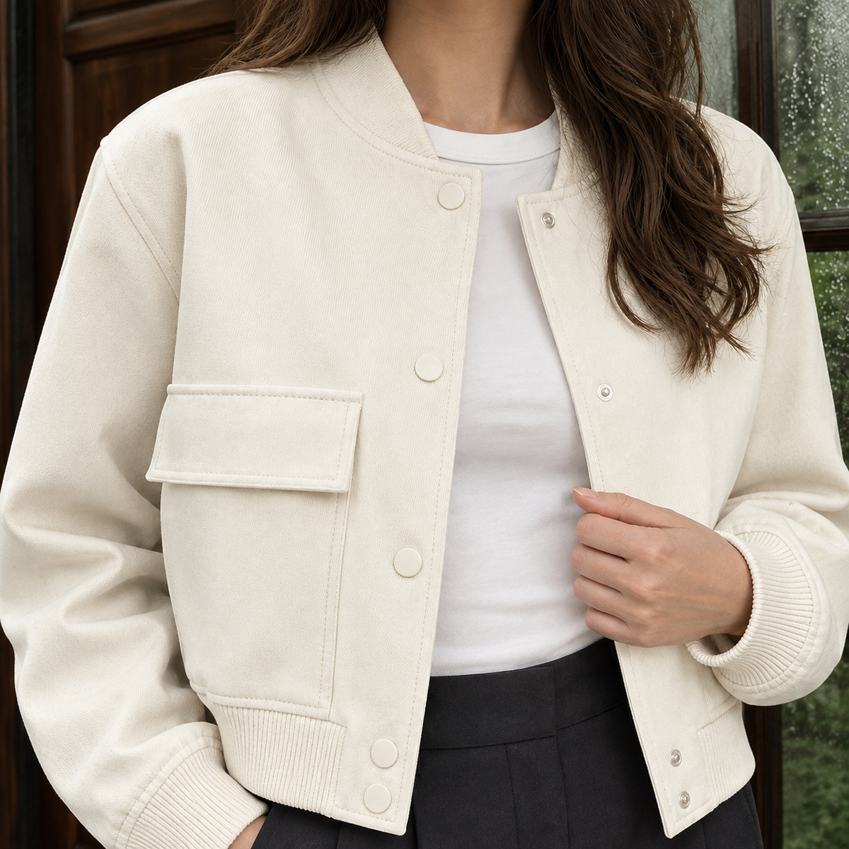 Utility Jacket Polyester Cropped with Snap Front and Flap Pockets