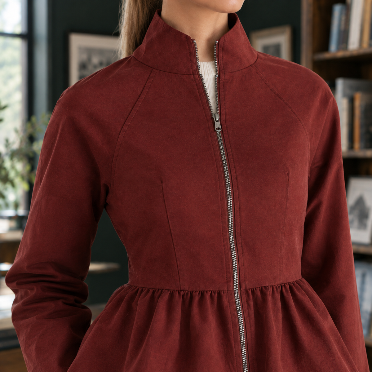 Peplum Jacket Polyester Fitted with High Collar and Gathered Hem